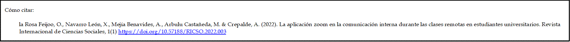 Cómo citar: 

          la Rosa Feijoo, O., Navarro León, X., Mejía Benavides, A., Arbulu Castañeda, M. & Crepalde, A. (2022). La aplicación zoom en la comunicación interna durante las clases remotas en estudiantes universitarios. Revista Internacional de Ciencias Sociales, 1(1) https://doi.org/10.57188/RICSO.2022.003
