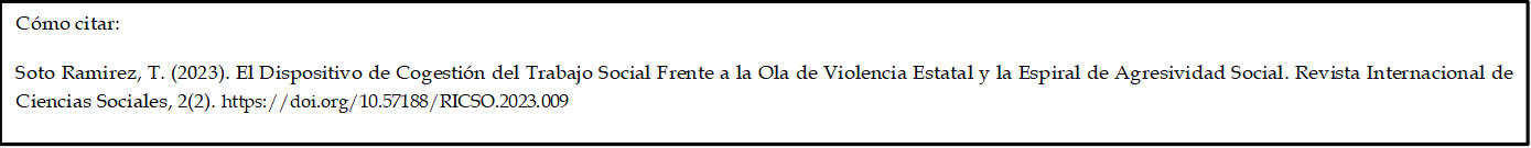 Cómo citar: 

Soto Ramirez, T. (2023). El Dispositivo de Cogestión del Trabajo Social Frente a la Ola de Violencia Estatal y la Espiral de Agresividad Social. Revista Internacional de Ciencias Sociales, 2(2). https://doi.org/10.57188/RICSO.2023.009
