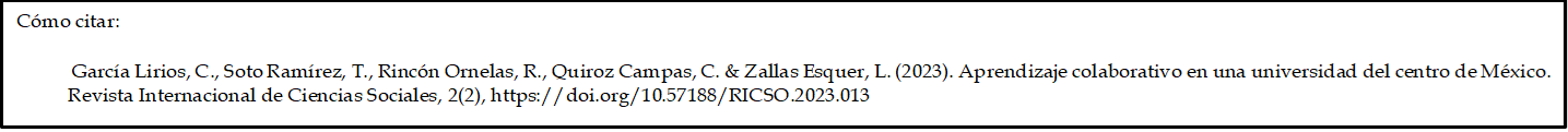 Cómo citar: 	

           García Lirios, C., Soto Ramírez, T., Rincón Ornelas, R., Quiroz Campas, C. & Zallas Esquer, L. (2023). Aprendizaje colaborativo en una universidad del centro de México. Revista Internacional de Ciencias Sociales, 2(2), https://doi.org/10.57188/RICSO.2023.013

