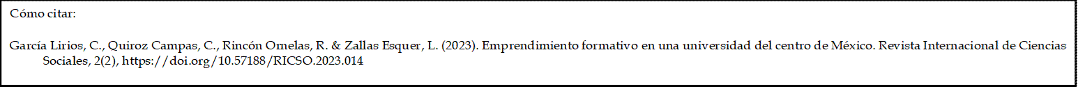 Cómo citar: 

García Lirios, C., Quiroz Campas, C., Rincón Ornelas, R. & Zallas Esquer, L. (2023). Emprendimiento formativo en una universidad del centro de México. Revista Internacional de Ciencias Sociales, 2(2), https://doi.org/10.57188/RICSO.2023.014

